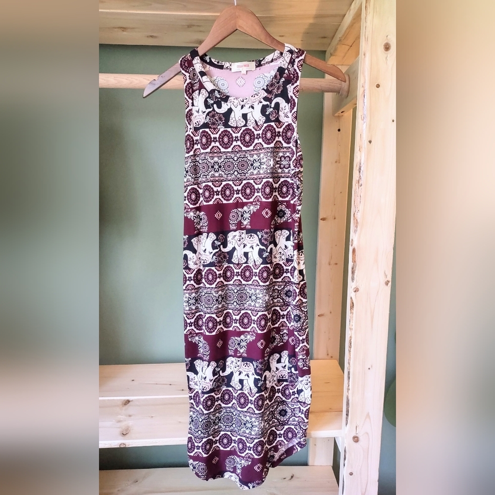 Stella Tweed Womens Elephant Sleeveless Dress Burgundy and White Size Small